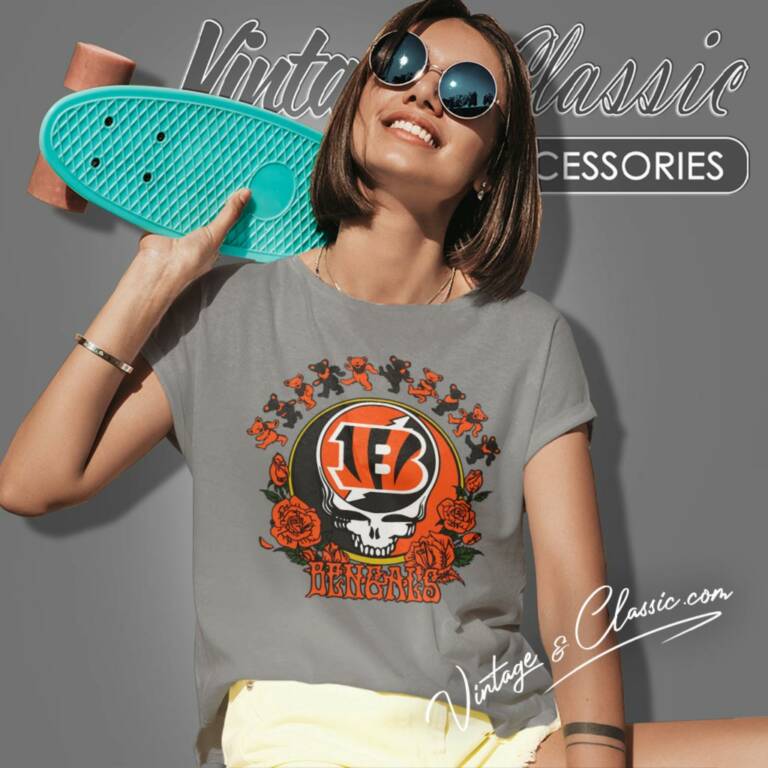 Cincinnati Bengals Grateful Dead Roses Dancing Bears Women T Shirt Cincinnati Bengals Grateful Dead Roses Dancing Bears Women T Shirt