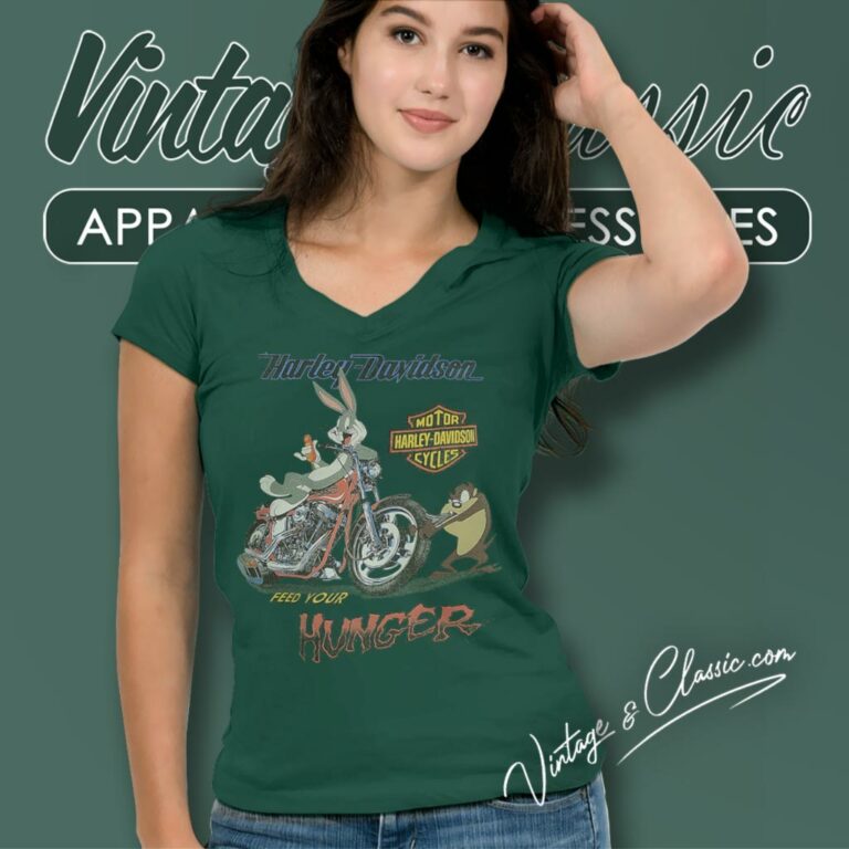 1993 Harley Davidson Looney Tunes Feed Your Hunger V Neck TShirt 1993 Harley Davidson Looney Tunes Feed Your Hunger V Neck TShirt