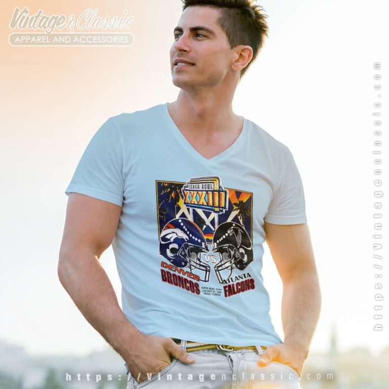 1999 Super Bowl Xxxiii Denver Broncos Vs Atlanta Falcons V Neck TShirt 1999 Super Bowl Xxxiii Denver Broncos Vs Atlanta Falcons V Neck TShirt