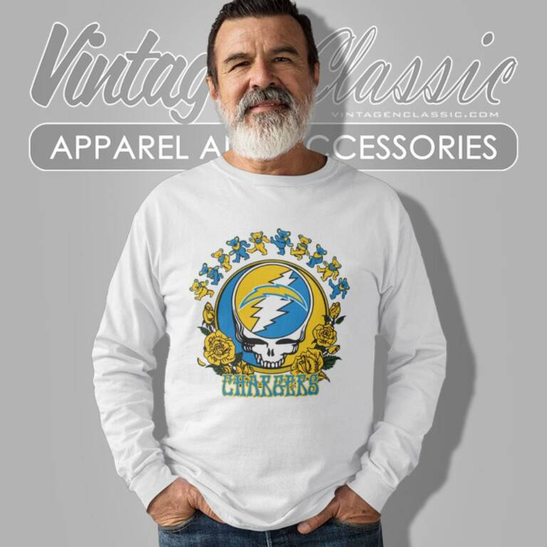 Los Angeles Chargers Grateful Dead Roses Dancing Bears Long Sleeve Tee Los Angeles Chargers Grateful Dead Roses Dancing Bears Long Sleeve Tee