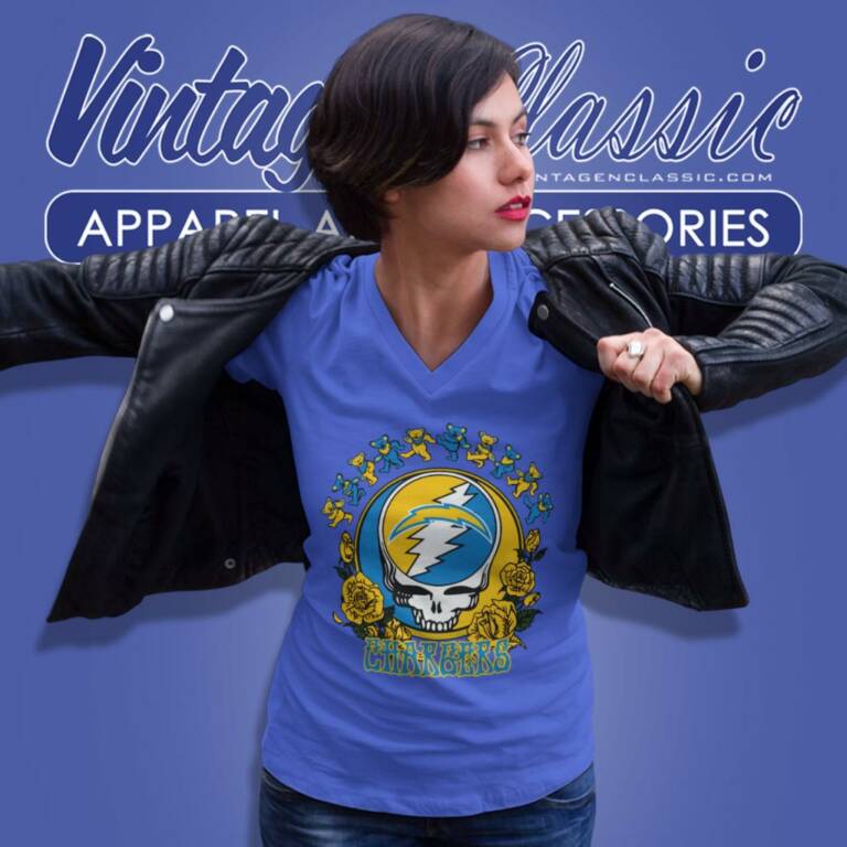 1Los Angeles Chargers Grateful Dead Roses Dancing Bears V Neck TShirt 1Los Angeles Chargers Grateful Dead Roses Dancing Bears V Neck TShirt