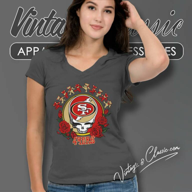 1San Francisco 49ers Grateful Dead Roses Dancing Bears V Neck TShirt 1San Francisco 49ers Grateful Dead Roses Dancing Bears V Neck TShirt