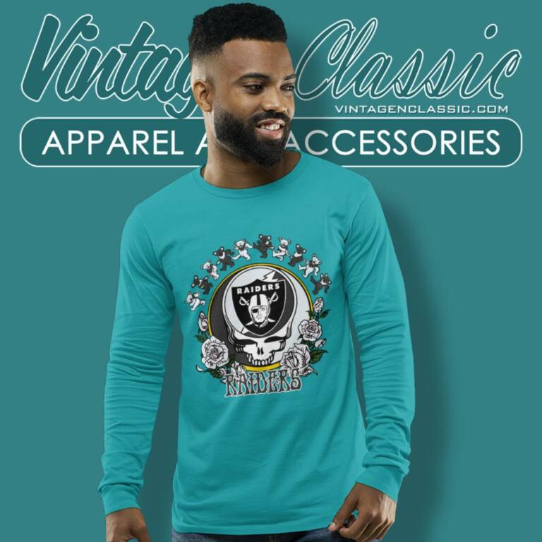 Las Vegas Raiders Grateful Dead Roses Dancing Bears Long Sleeve Tee Las Vegas Raiders Grateful Dead Roses Dancing Bears Long Sleeve Tee