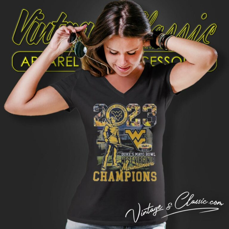 2023 Dukes Mayo Bowl Champions West Virginia Mountaineers V Neck TShirt 2023 Dukes Mayo Bowl Champions West Virginia Mountaineers V Neck TShirt