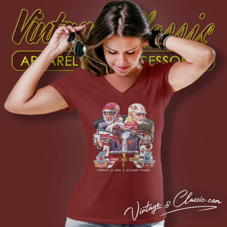 2024 Kansas City Chiefs Vs San Francisco 49ers Super Bowl Lviii V Neck TShirt 2024 Kansas City Chiefs Vs San Francisco 49ers Super Bowl Lviii V Neck TShirt