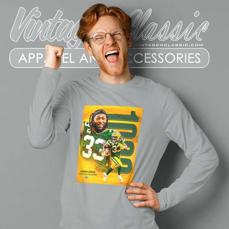 Aaron Jones 1000 Rushing Yards Green Bay Packers Long Sleeve Tee Aaron Jones 1000 Rushing Yards Green Bay Packers Long Sleeve Tee