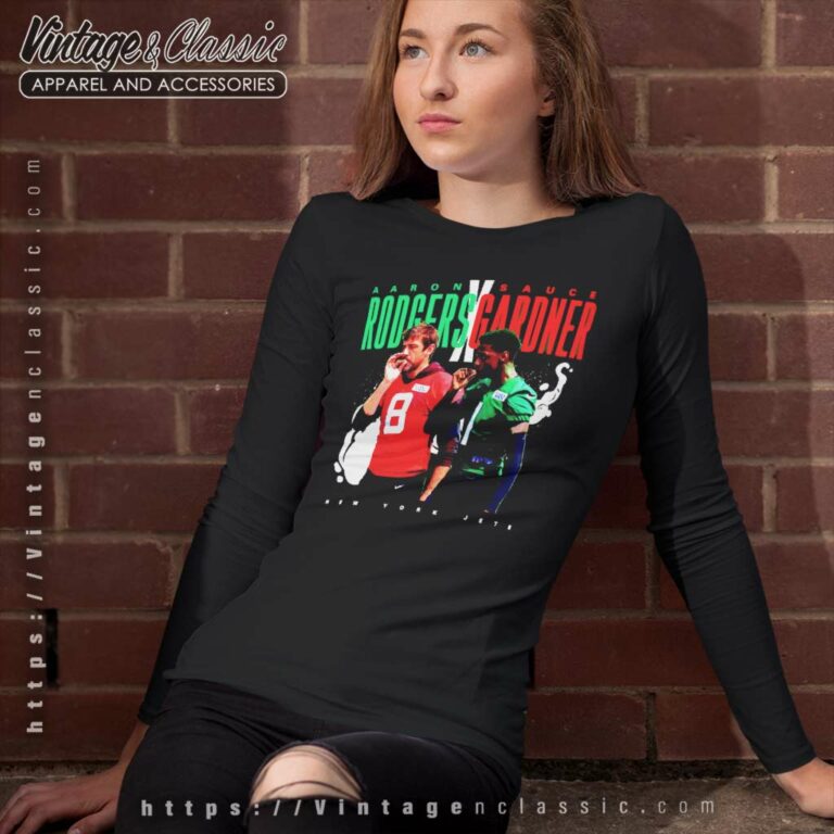 Aaron Rodgers And Sauce Gardner Handshake New York Jets Long Sleeve Tee Aaron Rodgers And Sauce Gardner Handshake New York Jets Long Sleeve Tee