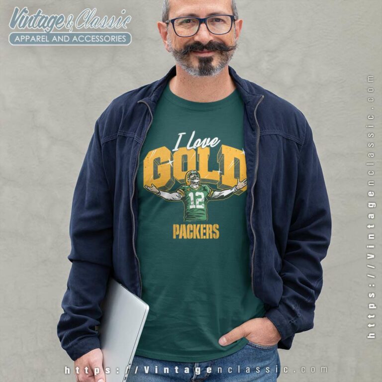 Aaron Rodgers Green Bay Packers I Love Gold Long Sleeve Tee Aaron Rodgers Green Bay Packers I Love Gold Long Sleeve Tee