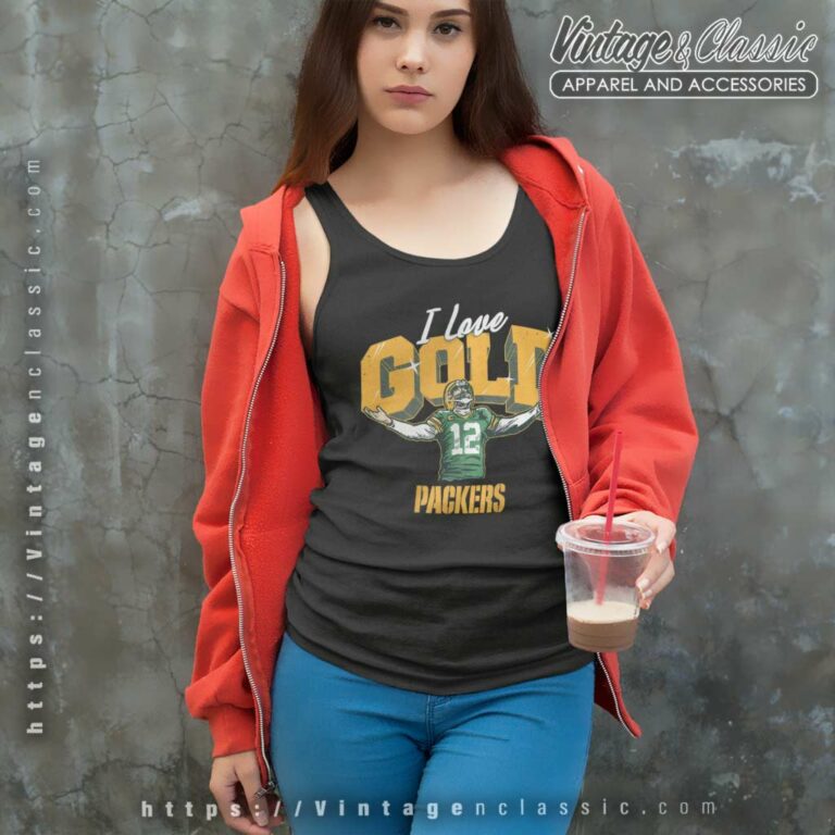 Aaron Rodgers Green Bay Packers I Love Gold Tank Top Racerback Aaron Rodgers Green Bay Packers I Love Gold Tank Top Racerback