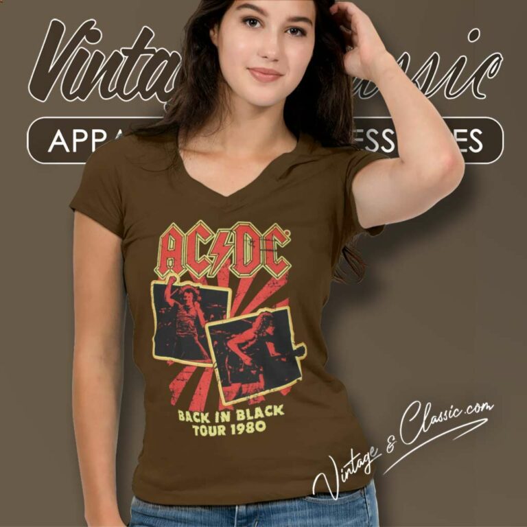 Acdc Back In Black Tour 1980 V Neck TShirt Acdc Back In Black Tour 1980 V Neck TShirt