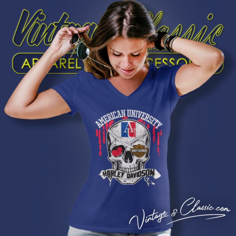 American University Harley Davidson Skull V Neck TShirt American University Harley Davidson Skull V Neck TShirt