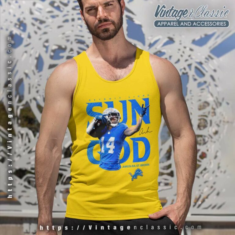 Amon Ra St Brown Sun God Shirt Detroit Lionsfootball Player Signature Tank Top Racerback Amon Ra St Brown Sun God Shirt Detroit Lionsfootball Player Signature Tank Top Racerback