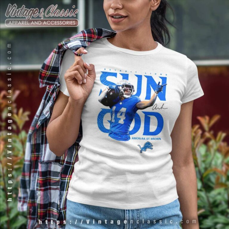 Amon Ra St Brown Sun God Shirt Detroit Lionsfootball Player Signature Women TShirt Amon Ra St Brown Sun God Shirt Detroit Lionsfootball Player Signature Women TShirt