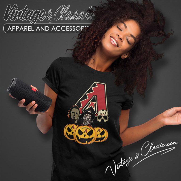 Arizona Diamondbacks Michael Myers Freddy Krueger Jason Voorhees Pumpkin Halloween Women T Shirt Arizona Diamondbacks Michael Myers Freddy Krueger Jason Voorhees Pumpkin Halloween Women T Shirt