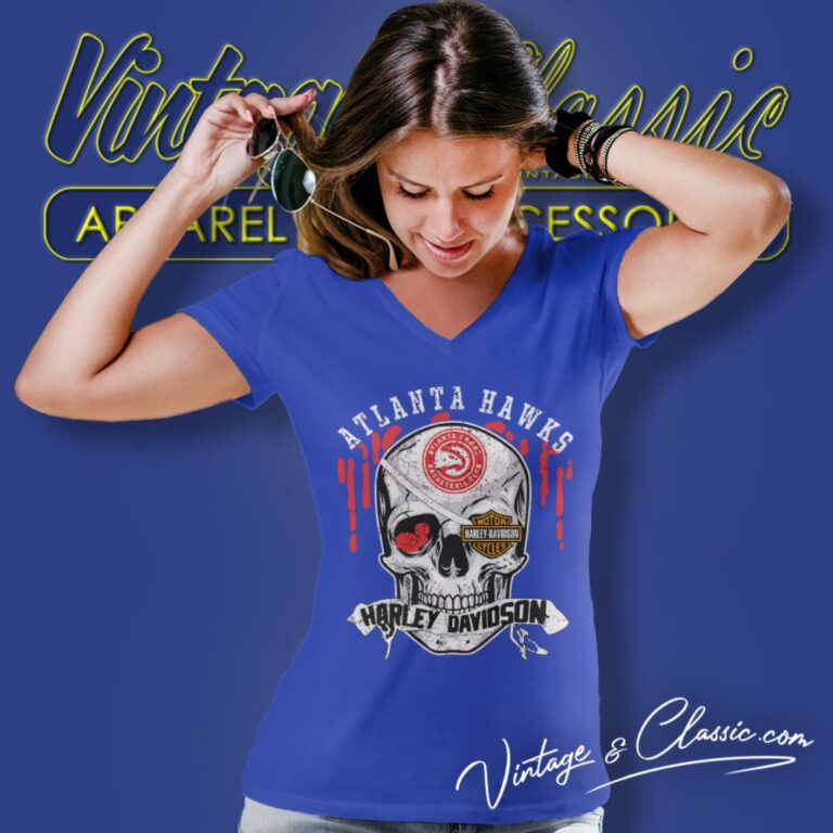 Atlanta Hawks Harley Davidson Skull V Neck TShirt Atlanta Hawks Harley Davidson Skull V Neck TShirt
