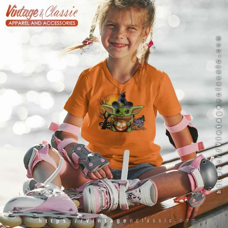 Baby Yoda Halloween Pumpkin kids Vneck Baby Yoda Halloween Pumpkin kids Vneck