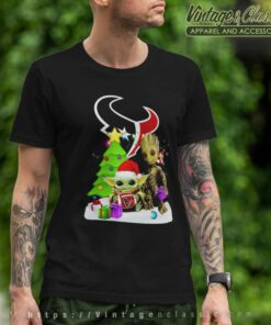 Baby Yoda Hug And Santa Bigfoot Houston Texans Snow Christmas Tree T Shirt