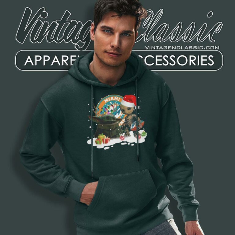 Baby Yoda Reindeer And Santa Groot Hug Miami Dolphins Christmas Hoodie Baby Yoda Reindeer And Santa Groot Hug Miami Dolphins Christmas Hoodie