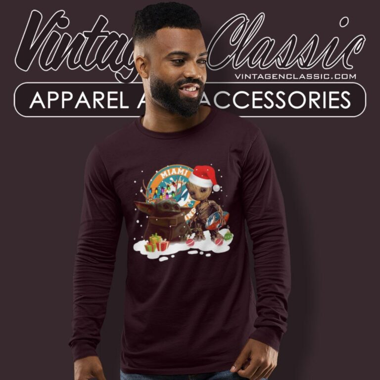 Baby Yoda Reindeer And Santa Groot Hug Miami Dolphins Christmas Long Sleeve Tee Baby Yoda Reindeer And Santa Groot Hug Miami Dolphins Christmas Long Sleeve Tee