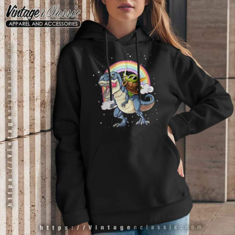 Baby Yoda Riding Dinosaur Trex Rainbow Hoodie Baby Yoda Riding Dinosaur Trex Rainbow Hoodie