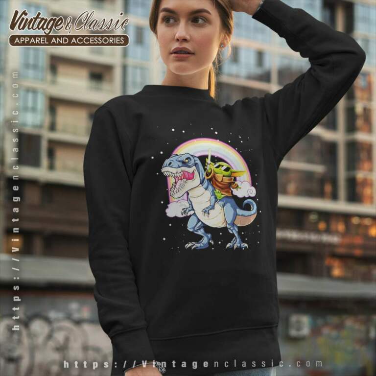 Baby Yoda Riding Dinosaur Trex Rainbow Sweatshirt Baby Yoda Riding Dinosaur Trex Rainbow Sweatshirt