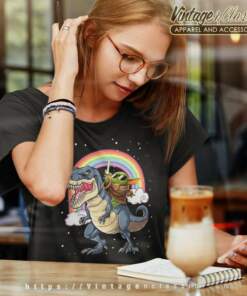 Baby Yoda Riding Dinosaur Trex Rainbow Women TShirt