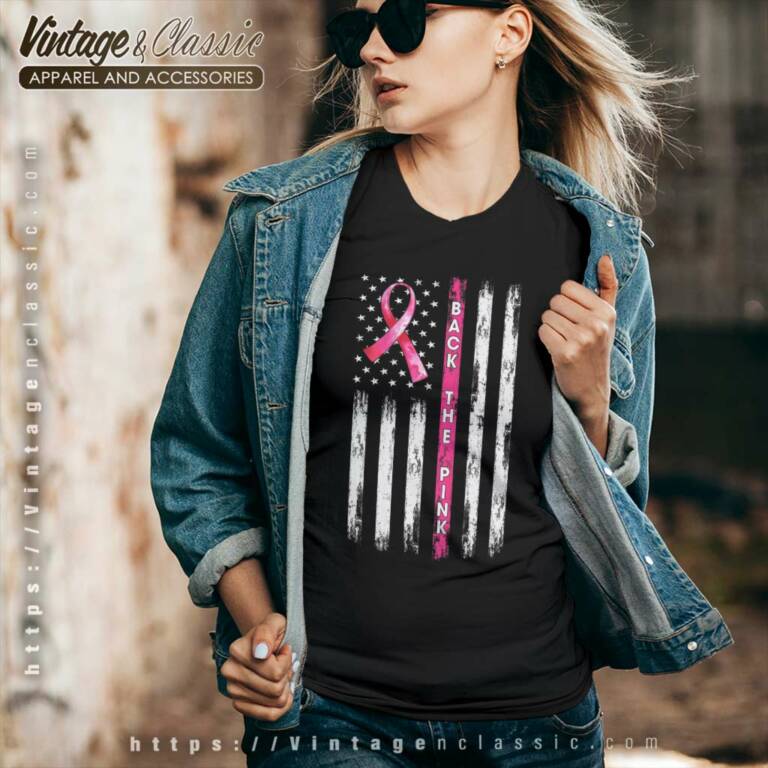 Back The Pink Ribbon American Flag Breast Cancer Awareness V Neck TShirt Back The Pink Ribbon American Flag Breast Cancer Awareness V Neck TShirt