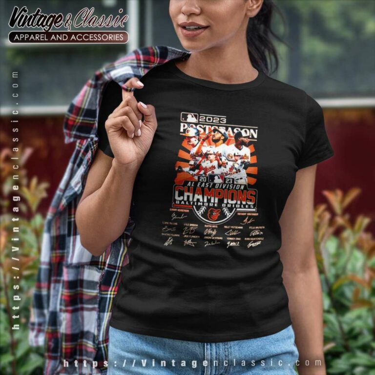 Baltimore Orioles Al East Division Champions Signatures 2023 Postseason Women TShirt Baltimore Orioles Al East Division Champions Signatures 2023 Postseason Women TShirt