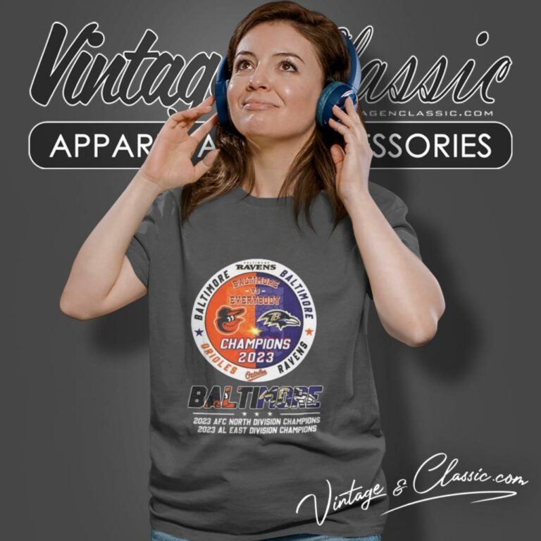 Baltimore Ravens 2023 Afc North Division And 2023 Al East Division Champion Women T Shirt Baltimore Ravens 2023 Afc North Division And 2023 Al East Division Champion Women T Shirt