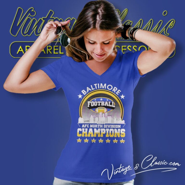Baltimore Ravens 2023 Afc North Division Champions Skyline V Neck TShirt Baltimore Ravens 2023 Afc North Division Champions Skyline V Neck TShirt