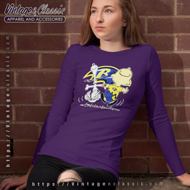 Baltimore Ravens Charlie Brown Snoopy Dancing Long Sleeve Tee Baltimore Ravens Charlie Brown Snoopy Dancing Long Sleeve Tee