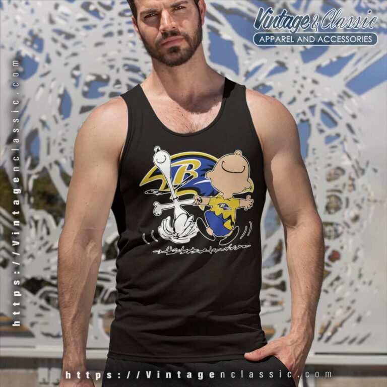 Baltimore Ravens Charlie Brown Snoopy Dancing Tank Top Racerback Baltimore Ravens Charlie Brown Snoopy Dancing Tank Top Racerback