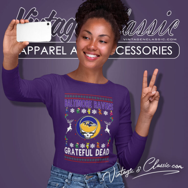 Baltimore Ravens Grateful Dead Ugly Christmas Long Sleeve Tee Baltimore Ravens Grateful Dead Ugly Christmas Long Sleeve Tee