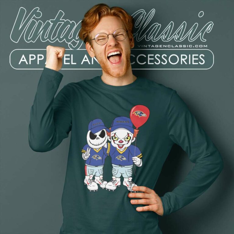 Baltimore Ravens Jack Skellington And Pennywise Long Sleeve Tee Baltimore Ravens Jack Skellington And Pennywise Long Sleeve Tee