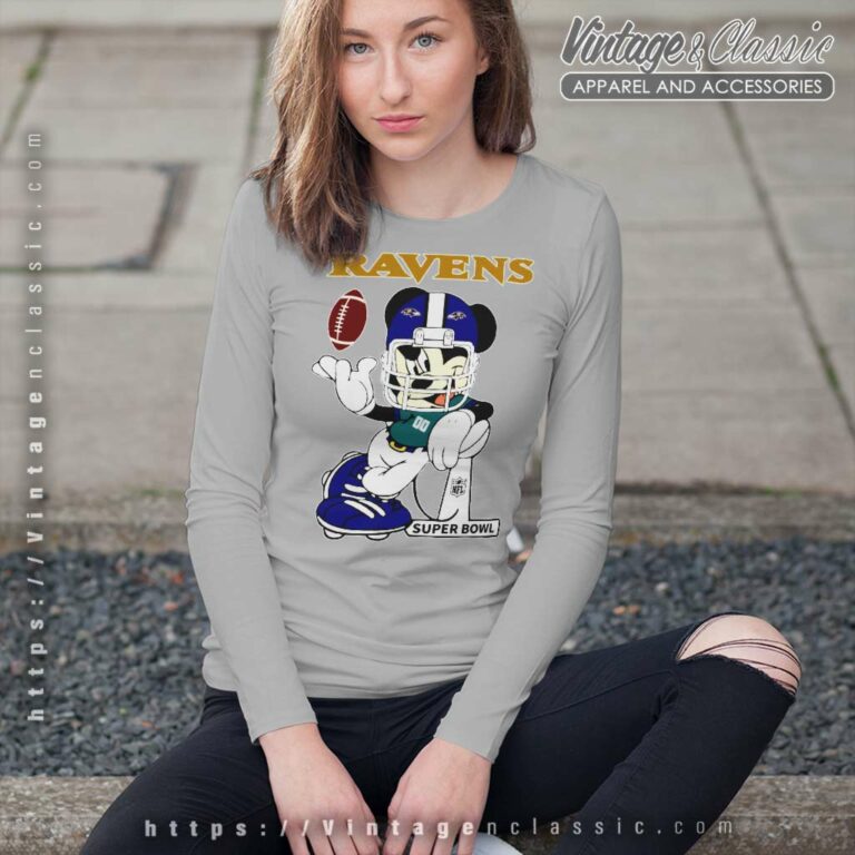 Baltimore Ravens Mickey Mouse Super Bowl Football Long Sleeve Tee Baltimore Ravens Mickey Mouse Super Bowl Football Long Sleeve Tee