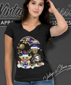 Baltimore Ravens Shirt Baby Yoda And Groot Santa Christmas V Neck TShirt