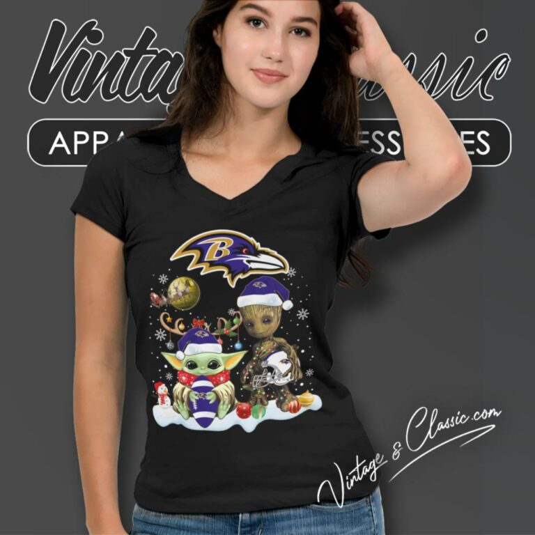 Baltimore Ravens Shirt Baby Yoda And Groot Santa Christmas V Neck TShirt Baltimore Ravens Shirt Baby Yoda And Groot Santa Christmas V Neck TShirt