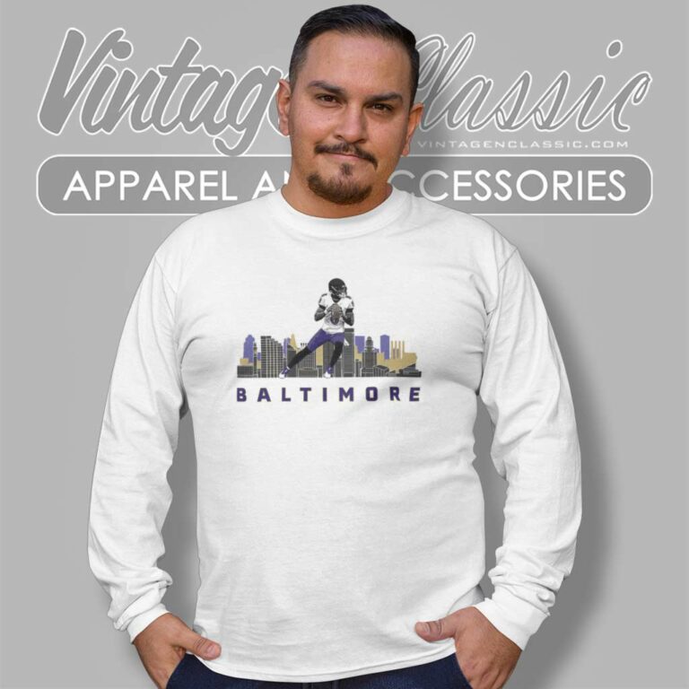 Baltimore Ravens Skyline Lamar Jackson Long Sleeve Tee Baltimore Ravens Skyline Lamar Jackson Long Sleeve Tee
