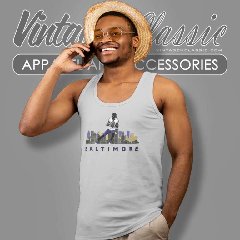 Baltimore Ravens Skyline Lamar Jackson Tank Top Racerback Baltimore Ravens Skyline Lamar Jackson Tank Top Racerback