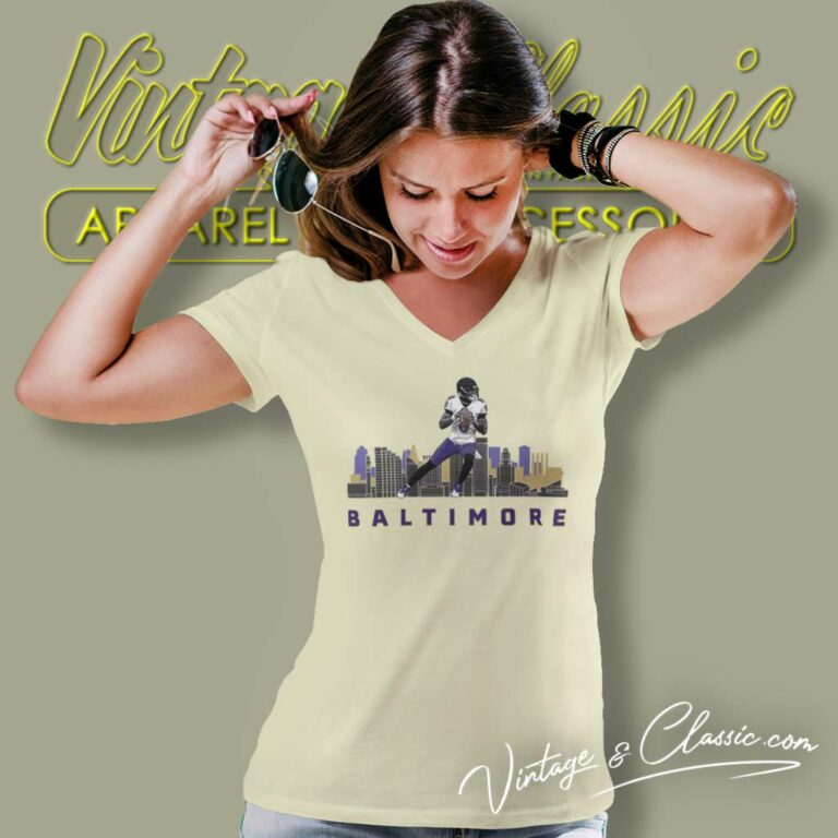 Baltimore Ravens Skyline Lamar Jackson V Neck TShirt Baltimore Ravens Skyline Lamar Jackson V Neck TShirt
