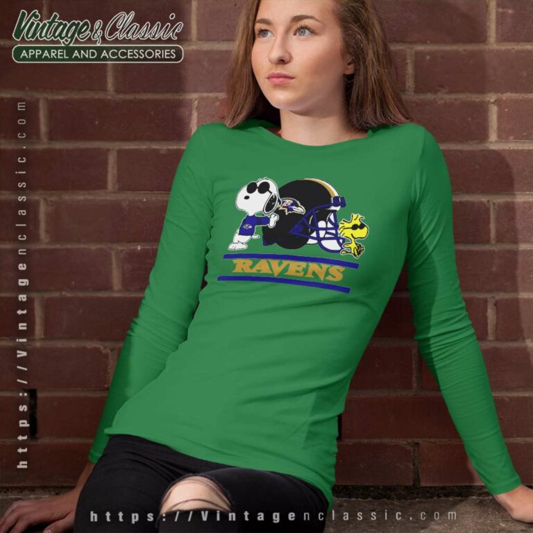 Baltimore Ravens Snoopy And Woodstock Helmet Long Sleeve Tee Baltimore Ravens Snoopy And Woodstock Helmet Long Sleeve Tee