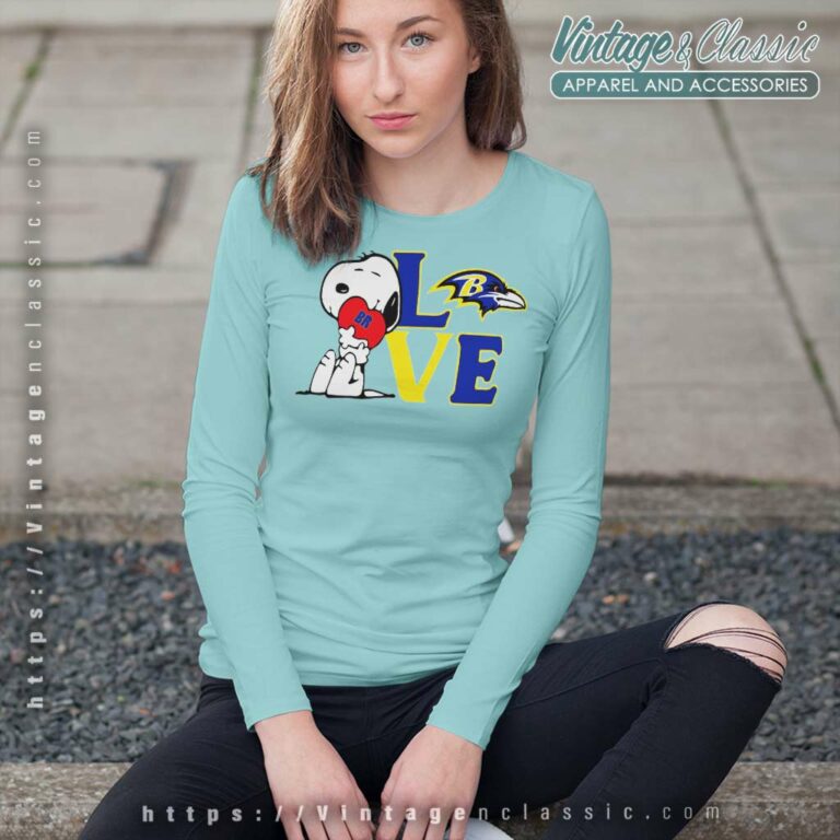 Baltimore Ravens Snoopy Love Heart Long Sleeve Tee Baltimore Ravens Snoopy Love Heart Long Sleeve Tee