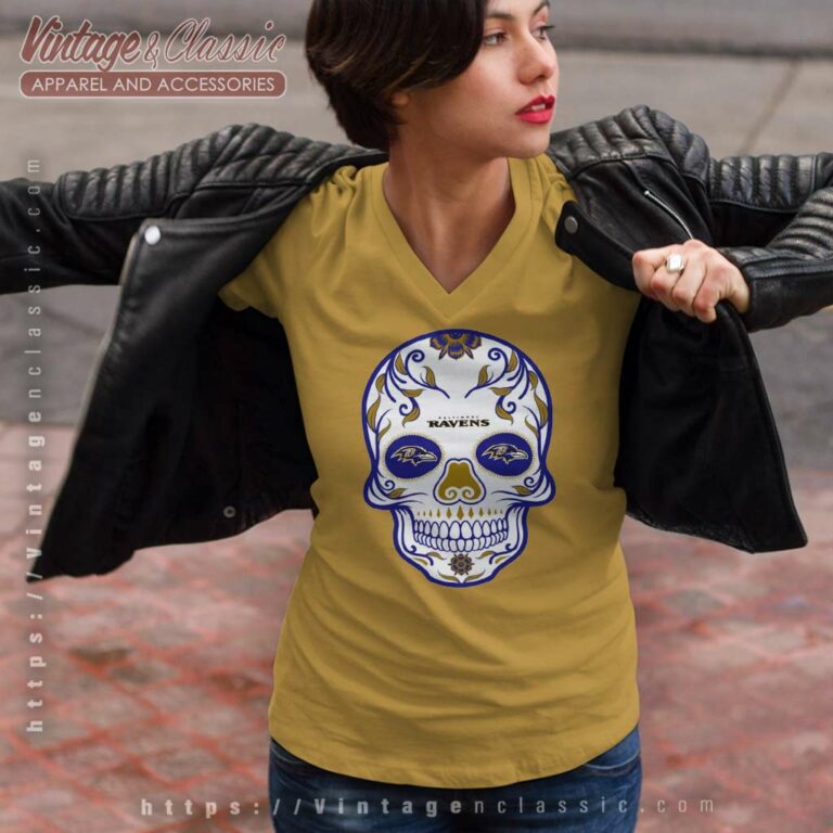 Baltimore Ravens Sugar Skull V Neck TShirt Baltimore Ravens Sugar Skull V Neck TShirt