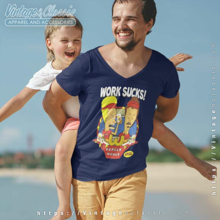Beavis Butthead Work Sucks Burger World V Neck TShirt Beavis Butthead Work Sucks Burger World V Neck TShirt