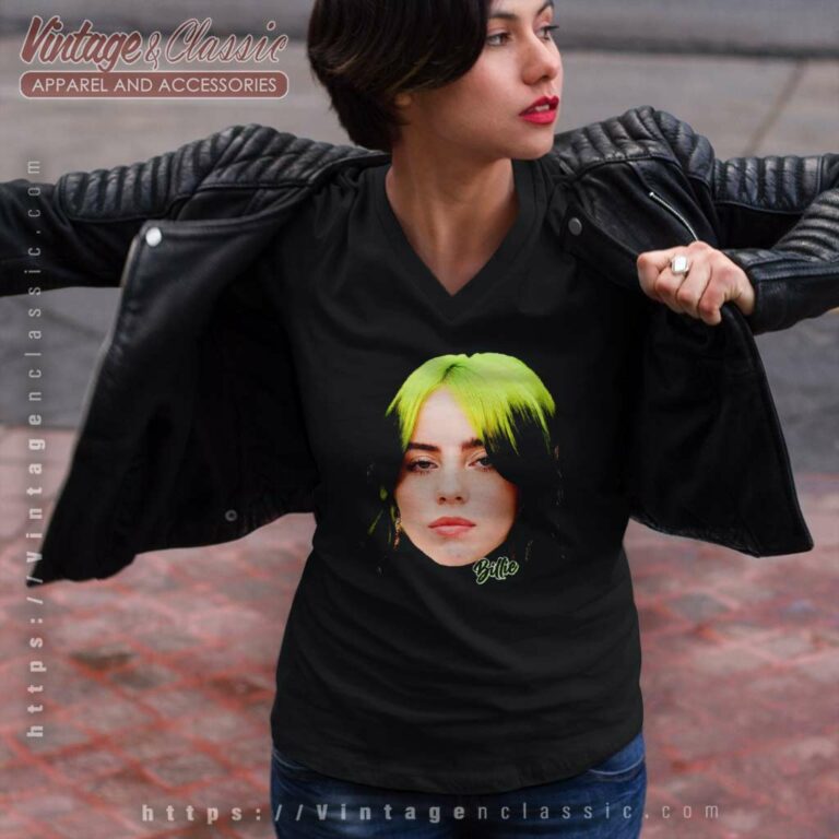 Billie Eilish Black Top Big Tshirt Face Geen V Neck TShirt Billie Eilish Black Top Big Tshirt Face Geen V Neck TShirt