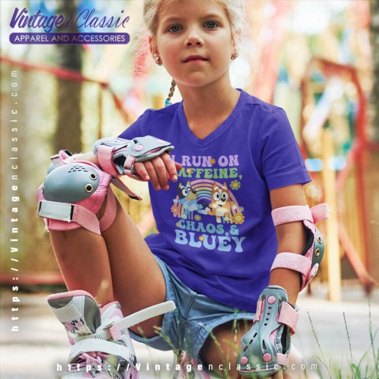 Bluey And Bingo Shirt I Run On Caffeine kids Vneck Bluey And Bingo Shirt I Run On Caffeine kids Vneck