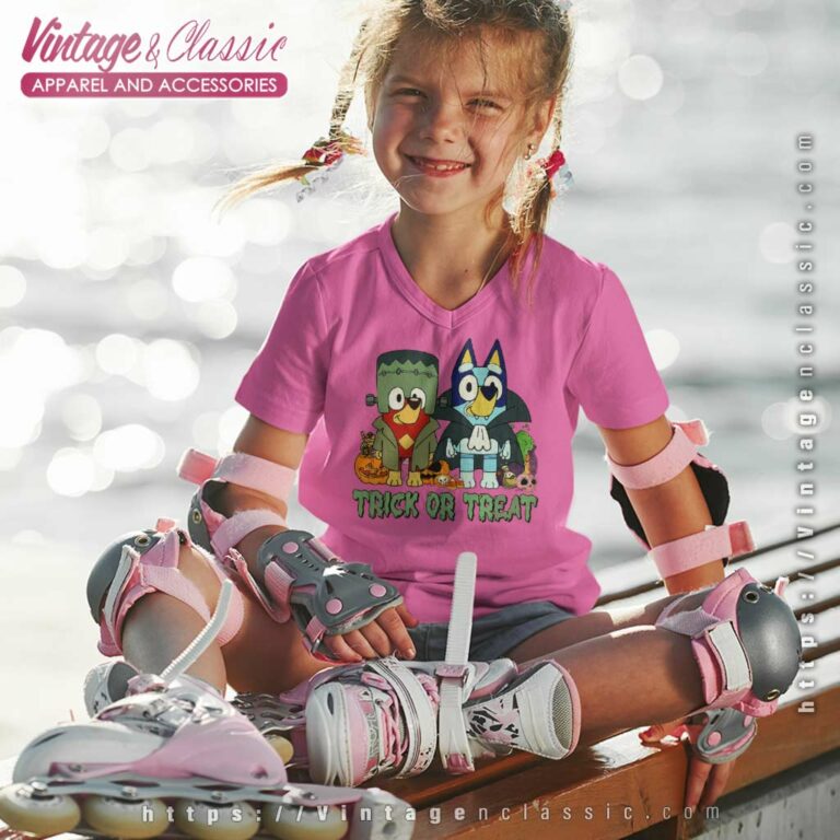 Bluey And Friend Trick Or Treat Shirt Bluey Halloween kids Vneck Bluey And Friend Trick Or Treat Shirt Bluey Halloween kids Vneck