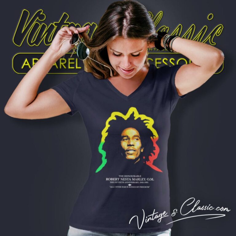 Bob Marley 50th Anniversary V Neck TShirt Bob Marley 50th Anniversary V Neck TShirt
