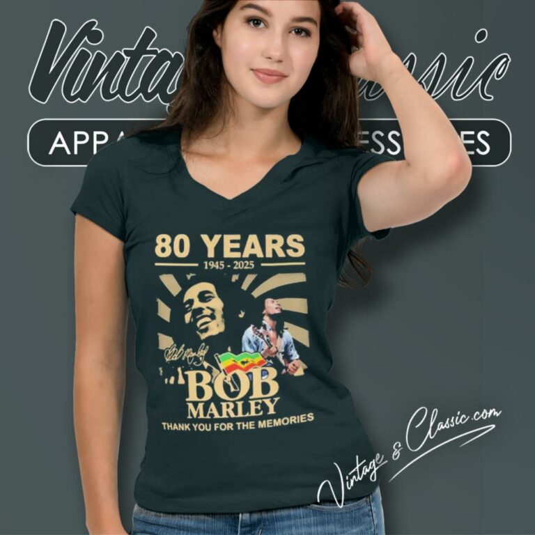 Bob Marley Shirt 80 Years 1945 2025 Bob Marley Thank You For The Memories V Neck TShirt Bob Marley Shirt 80 Years 1945 2025 Bob Marley Thank You For The Memories V Neck TShirt