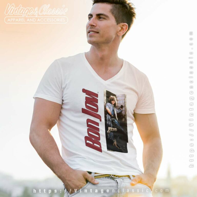 Bon Jovi Shirt Slippery When Wet World Tour V Neck TShirt Bon Jovi Shirt Slippery When Wet World Tour V Neck TShirt